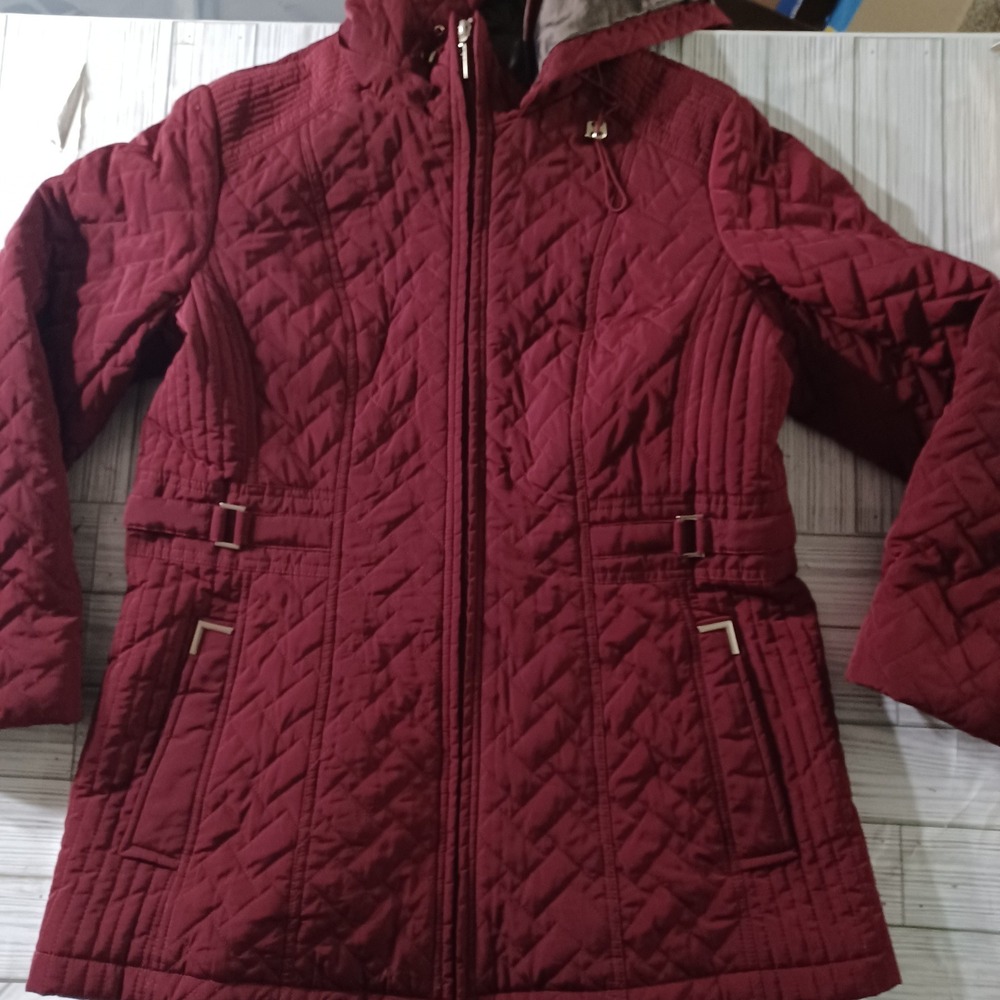 Gallery New York Womens Burgundy Quilted Hooded Jacket Coat Wine Red Size L